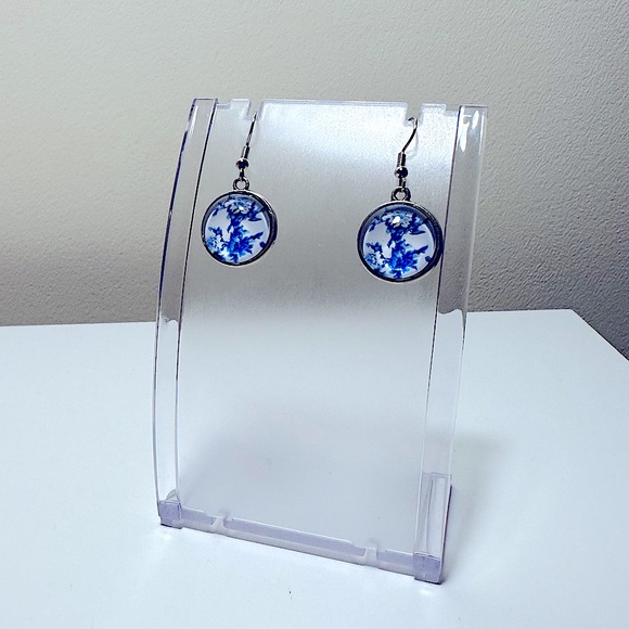 Handmade Glass Dome Hanging Drop Earrings | Blue & White Theme - Picture 5 of 8